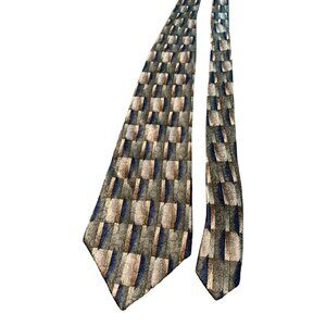 Pierre Cardin Mens Tie Geometric Pattern Silk Blue and Gold Vintage Necktie